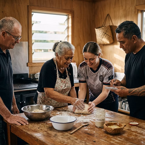 Making Māori bread in a marae kitchen